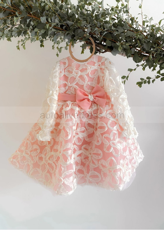 Long Sleeves Ivory Pink Elegant Flower Girl Dress